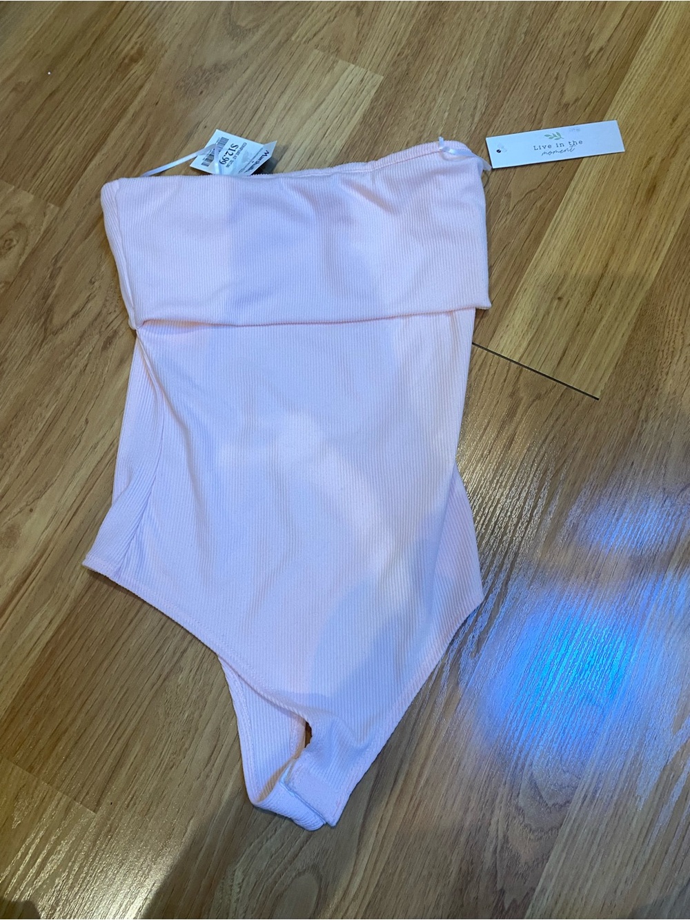 Live in the Moment Pink Ribbed Strapless Fold-Over Bodysuit